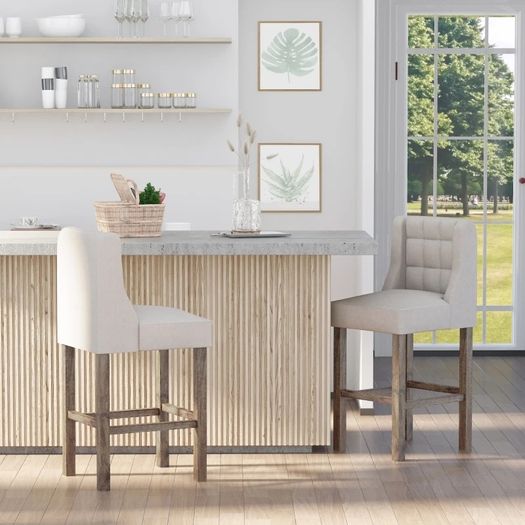 Set of 2 Bar Stools with Button Tufting, Solid Wood, incl. Footrest, 47 cm x 50 cm x 101 cm, Gray + Natural