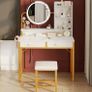 Dressing Table Set, with height-adjustable mirror for 120-180 cm, LED Lights with Adjustable Brightness, Vanity Table with stool, 2 fabric Drawers and 4 Open Compartments, 80x40x136cm, White+Gold Image 5