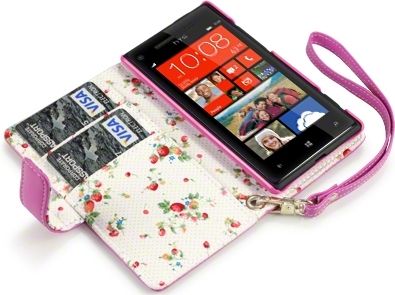 New Htc Windows Phone 8x Premium Pu Leather Wallet Black & Hot Pink  With Floral Interior / Black With Tan Inside