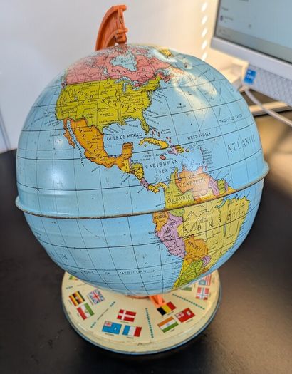 Vintage USSR Era World Globe Orange Meridian International Flag Base