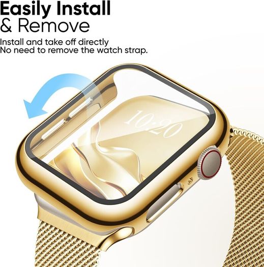 3-in-1 Compatible with Apple Watch Metal Straps 40mm with Case & Screen Protector, Dual Magnetic Band and Protective Cover with 9H Tempered Glass for iWatch SE3 Series 6/5/4, Gold