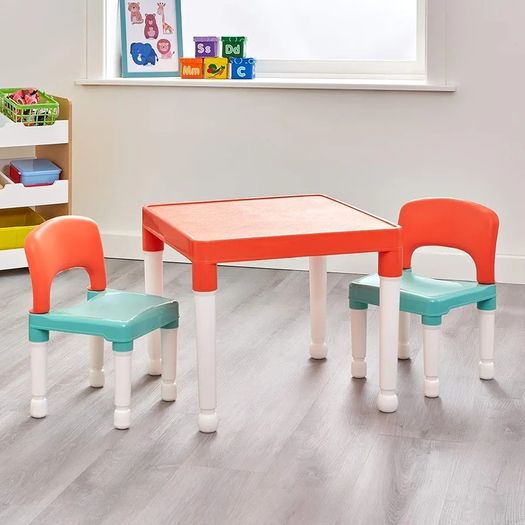 Childrens Table and Two Chair Set, Green Orange White, Table-51cm H x 51cm W x 43cm D 27cm x 31cm x 44cm, Seat Height 26cm