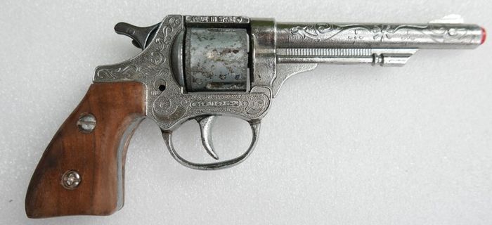 Vintage 60s Metal Cap Gun Firecracker Pistol, Wooden Handle