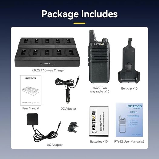 RT622 Walkie Talkie, 113g Compact 2 Way Radio, 10-in-1 Charging Base, Portable Radio Back Clip, 5 LED Indicators, PMR446 Walkie Talkies for Adults for Hospitality, Restaurant (Black, 10 Pack