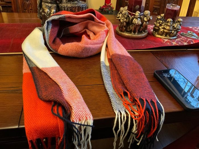 New warm and cosy scarf in shades of rust ,cream black and burnt orange