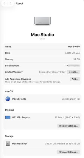 Apple Mac Studio M2 Max-12C CPU-30C GPU - 512GB SSD-32 GB RAM with AppleCare until 25 February 2027