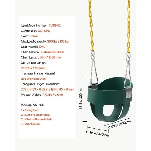 Toddler Swing 136 kg High Back Full Bucket Baby Swing Seat Green, for Outdoor & Indoor Backyard Playground, Heavy-Duty Coated Chains and Carabiners, Fully Assembled Seat for Toddlers Age 3+