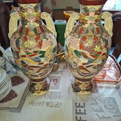 A Large Beautiful Old Pair of Satsuma Pottery Vases around 1900s, Japanese earthenware