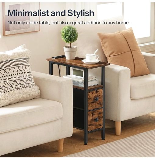 Slim Bedside Table with Charging Station, Narrow Side Table with LED Lights and 2 Fabric Drawers, Nightstand for Small Space, Bedroom, Living Room, Rustic Brown and Black