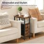 Slim Bedside Table with Charging Station, Narrow Side Table with LED Lights and 2 Fabric Drawers, Nightstand for Small Space, Bedroom, Living Room, Rustic Brown and Black Image 7