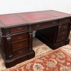 Large Solid Wood Executive Partners Desk Genuine Leather Top Handcrafted