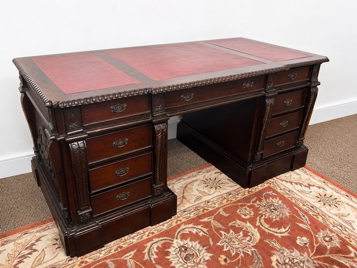 Large Fine Made Solid Wood Executive Partners Desk Genuine Leather Top Handcrafted