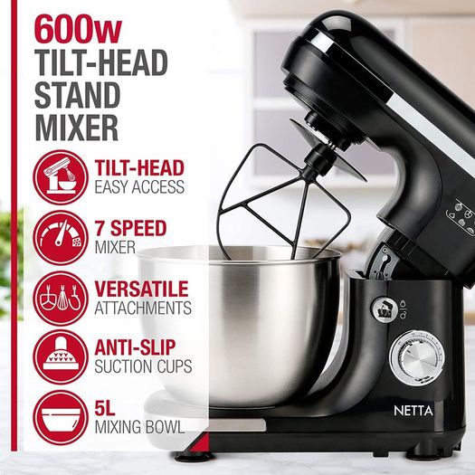 Stand Mixer 600W Tilt Head Food Mixer - Including Dough Hook, Whisk and Beater - 7 Different Speed Settings, 5L Stainless Steel Mixing Bowl - Includes Splash Guard