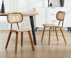 Dining Room Chairs, Set of 2, PU Leather Kitchen Chairs with Rattan Backrest, Accent Chairs Made of Wood for Dining Room, Living Room, Kitchen (Beige)