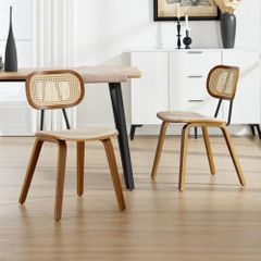 Dining Room Chairs, Set of 2, PU Leather Kitchen Chairs with Rattan Backrest, Accent Chairs Made of Wood for Dining Room, Living Room, Kitchen (Beige)