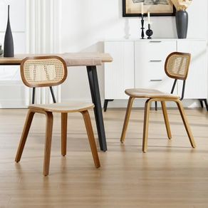 Dining Room Chairs, Set of 2, PU Leather Kitchen Chairs with Rattan Backrest, Accent Chairs Made of Wood for Dining Room, Living Room, Kitchen (Beige)