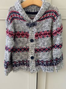 Grey red & navy chunky knit cardigan 2-3years