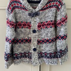 Grey red & navy chunky knit cardigan 2-3years