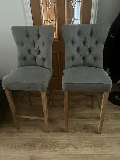 Pair of Grey Fabric Bar Stools / Counter Chairs