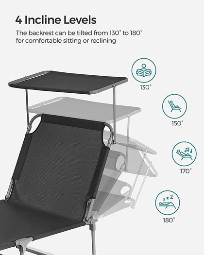 Sun Lounger, Deck Chair Folding, Sunbed, 193 x 53 x 29 cm, Max. Load 150 kg, with Sunshade Headrest Adjustable Backrest, Reclining Sun Chair for Terrace Pool Garden, Dark Grey (FREE POSTAGE)