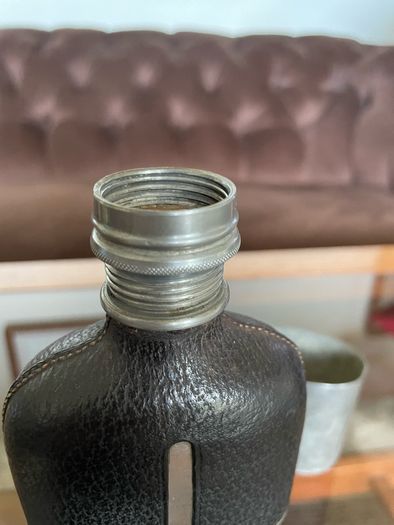 Edwardian Pewter Glass and Leather Gentlemans Hip Flask