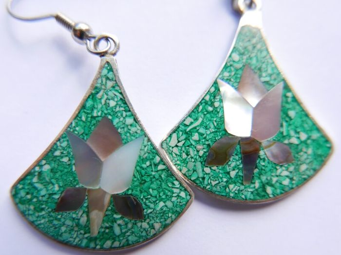 Vintage Alpaca Mexico Turquoise & Abalone Inlaid Silver Earrings
