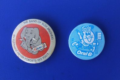 ORAL-B & CREST (dental care) - two promotional button badges (1970s / 1980s)