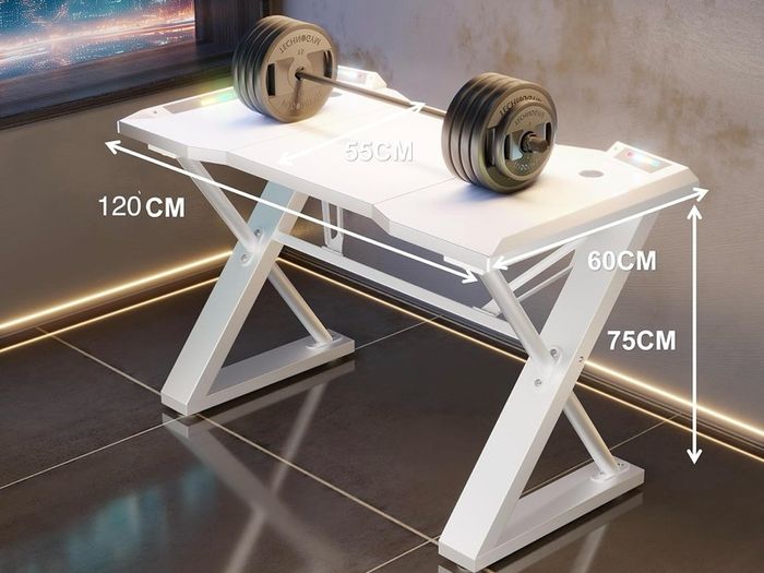 120 x 55 cm Gaming Desk with LED Lights, Gaming Table Thickened Z Shaped, Gamer Desk with Carbon Fiber Coated, Gaming PC Desk, Computer Desk Easy to Assemble, White
