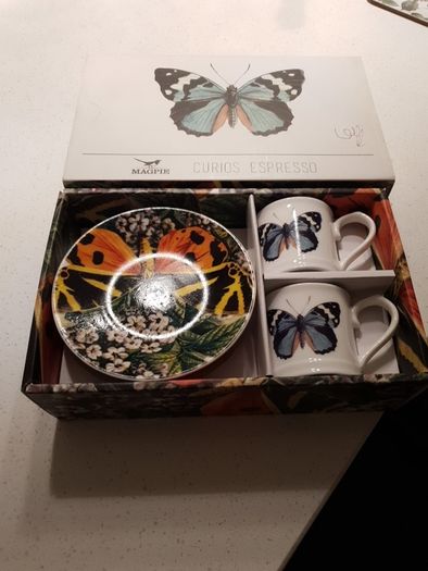 Magpie Biologica Ceramic Butterfly Espresso Set - 2 cups and matching saucers - Brand new