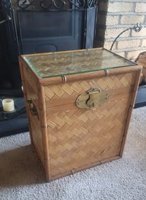 Vintage Rattan and Wood Tea Chest Storage Unit