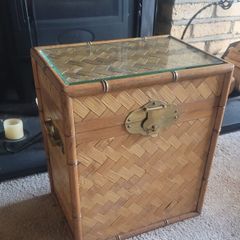 Vintage Rattan and Wood Tea Chest Storage Unit