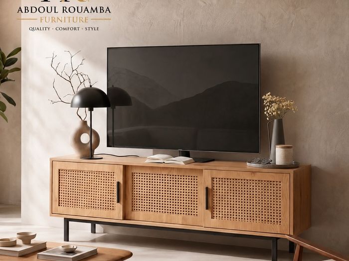 Modern 120cm Oak Effect TV Unit with Rattan Doors