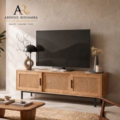 Modern 120cm Oak Effect TV Unit with Rattan Doors