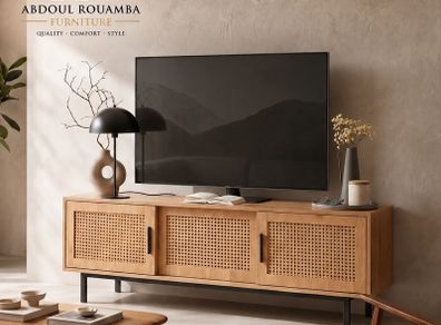 Modern 120cm Oak Effect TV Unit with Rattan Doors