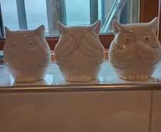 Porcelain Owls of Wisdom..."See All.Hear All,Say Nothing".