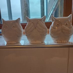 Porcelain Owls of Wisdom..."See All.Hear All,Say Nothing".