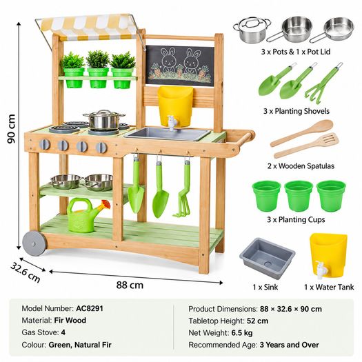 Wooden Kids Outdoor Mud Kitchen with Water Tap, Sink, Canopy and Accessories