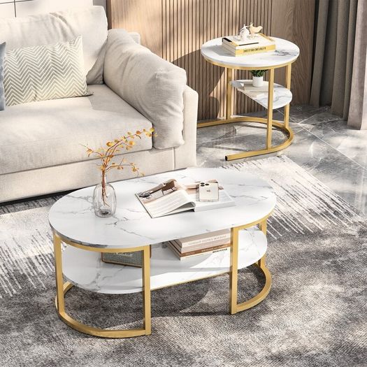 Coffee table/ Set of 2 Coffee Table/ Coffee Table with Storage Side Table, Marble Effect Coffee Table/ Modern metal Frame, Nesting Side Table.