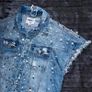 JEWELLY Size S(Oversized fit)Pearl Studded Denim Jacket Sleeveless Distressed Image 4