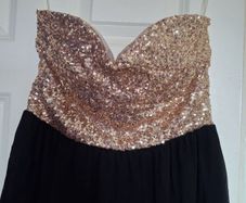 CLUBL - Gold Sequin Bodice Black Chiffon Strapless Mini Dress.