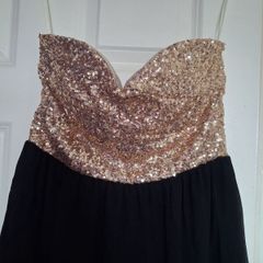 CLUBL - Gold Sequin Bodice Black Chiffon Strapless Mini Dress.