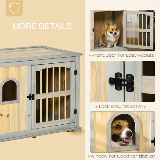 Wooden Dog Crate, Furniture Style Dog Kennel End Table w/ Lockable Door, Window, Grey and Natural