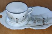 Vintage Japanese eggshell porcelain teacup with saucer, Geisha pattern