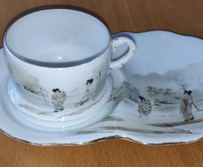 Vintage Japanese eggshell porcelain teacup with saucer, Geisha pattern