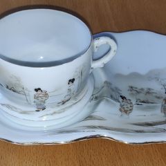 Vintage Japanese eggshell porcelain teacup with saucer, Geisha pattern