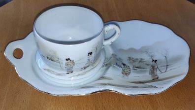 Vintage Japanese eggshell porcelain teacup with saucer, Geisha pattern