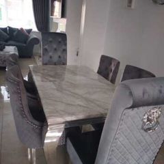 Dining table and 6 grey velvet chairs