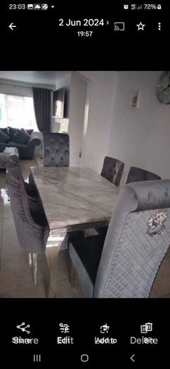 Dining table and 6 grey velvet chairs