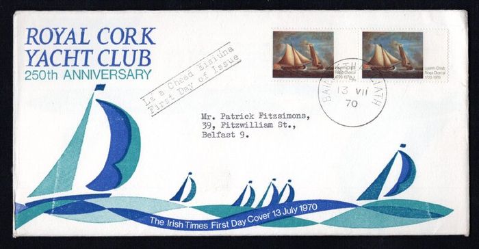 1970 Ireland Royal Cork Yacht Club (250th Anniversary) Commemorative Stamp Irish Times Illustrated First Day Cover (FDC) with Baile Atha Cliath (Dublin) cancel