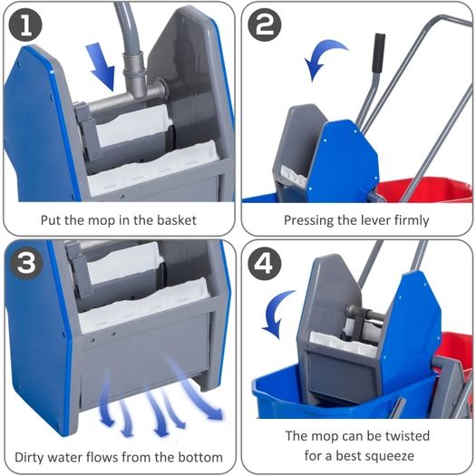 Washing Cart Professional Cleaning Cart Jaw Press 2 Buckets 25 L 73L x 45W x 92H cm Plastic Gray Blue Red